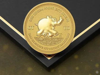 Zu sehen ist die Goldmünze zu 1oz mit einem Ottifant aus dem Jahr 2024. Der Titel ist "Bis Idem Non Est Idem" oder zu Deutsch "Das Gleiche ist nicht dasselbe"