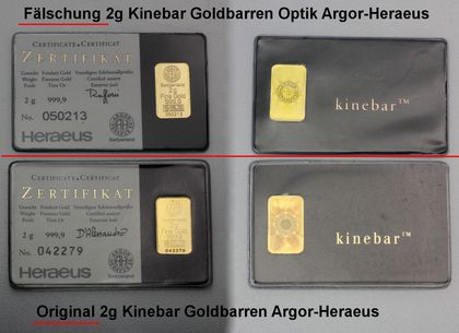 Gegenüberstellung Original 2g Kinebar Goldbarren und gefälschte Kinebar Goldbarren