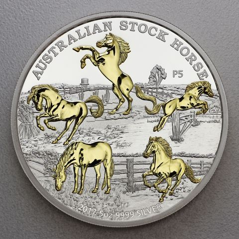 Silbermünze 5oz Australian Stock Horse 2017 - Completer Coin mit allen 5 Motiven in Teilvergoldung